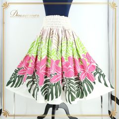 フラダンス 衣装 パウスカート ホワイト系 フラ ダンス ハワイアン 白 緑 黄緑 花柄 モンステラ柄 アロハ シングル 明るい 華やか フラワー ふんわり ハワイアンプリント 鮮やか グリーン系 ピンク系