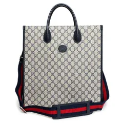 グッチ インターロッキングG ミディアム 2way トート ハンドバッグ 斜め掛け GGスプリームキャンバス レザー ネイビー ベージュ 紺 アンティークシルバー金具 674155 GUCCI（新品・未使用品）