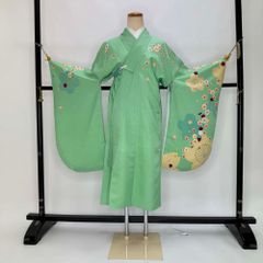 二尺袖 単品 卒業式着物 緑 裄68.5cm Lサイズ  袴用着物 化繊 中古 4573