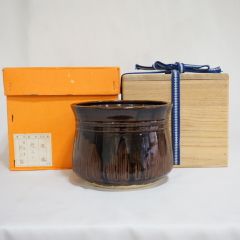 【七月の特売品】遠州七窯 近江膳所焼 陽炎園 岩崎新定作 腰ミノ建水  腰蓑建水 茶道具【中古 美品】