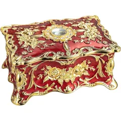 【新品】 YWHWXB ヴィンテージジュエリーボックス 宝石箱 アンティーク 小物入れ 子供用宝箱 腕時計ボックス アクセサリー 収納 長方形 合金製 (レッド) 1