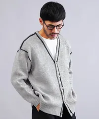 新品 未使用 JIGGYS SHOP(ジギーズショップ)配色カーディガン 長袖 ふわもち ウール混 217536 グレー/ネイビーのサムネイル