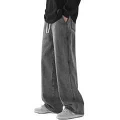 [Lopis] メンズ デニムパンツ お洒落 ジーンズ 無地 パンツ 調整紐 ロングパンツ ワイドパンツ ウエストゴム ズボン 履き心地 ゆったり (2XL, グレー) [グレー] [2XL]