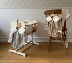 チェック柄ロンパース 長袖 襟つき フリル ベビー服 赤ちゃん 子可愛い 韓国風 おしゃれ 女の子 姉妹コーデ お揃ベージュ グレー