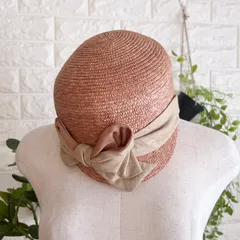 美品 CA4LA カシラ ストローハット リネンリボン付き ピンクベージュ 日本製