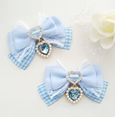 ヘアクリップリボン 水色 ギンガムチェック 量産型 ハート 水色界隈 地雷 ロリィタ ロリータ ゴスロリ アイドル サブカル 天使界隈 推し 姫系 イベント ヘアメ