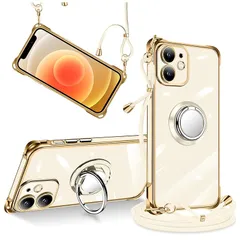 iPhone 12 ケース リング付き ショルダー 調節可能 肩がけ 首掛け 紐付き 斜めがけ スマホケース アイフォン12 ケース シリコン TPU ストラップホール付き 耐衝撃 傷防止 全面保護 カバー (iPhone12ケース アイボリー) 0