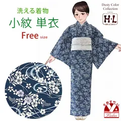 洗える着物 単衣 小紋 フリーサイズ  きもの単品「藍紺系、流水に野花」HLDSH-132