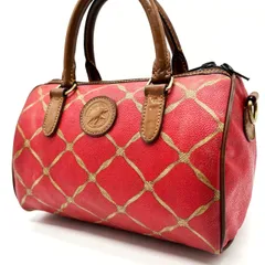 【良品】 HUNTING WORLD ハンティングワールド ハンドバッグ ミニボストンバッグ 総柄 PVC レザー 革 赤 レッド 茶色 ブラウン ロゴパッチ ユニセックス 男女兼用 メンズ レディース