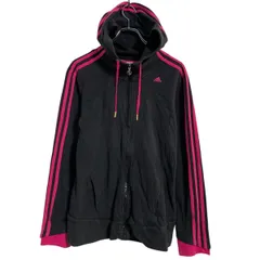 adidas ロゴスウェット パーカー レディース L ブラック ピンク アディダス スポーツ ジップアップ 古着卸 アメリカ仕入 a701-6231