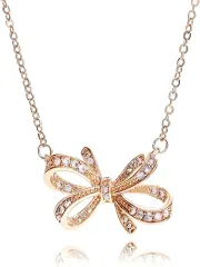 Miaomyao ミャオミャオ キュービックジルコニア ピンクゴールド 蝶々結び リボン ネックレス ペンダント アクセサリー レディース 誕生日 記念日 プレゼント ポーチ セット(ピンクゴールド,  小さめ)