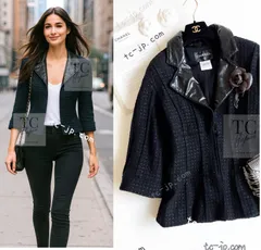 シャネル ジャケット CHANEL ブラック レザー襟 ジップアップ ウール ツイード カール・ラガーフェルド ランウェイ登場 超美品 34 38 40