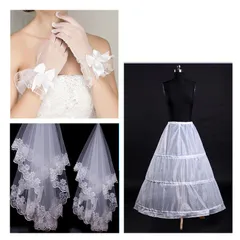 ウェディング バッスル ベール グローブ 3点セット 白 ホワイト 結婚式 レース ボリューム 二次会 お呼ばれ 発表会 フォーマル 袖なし 紐タイプ 透け感 リボン