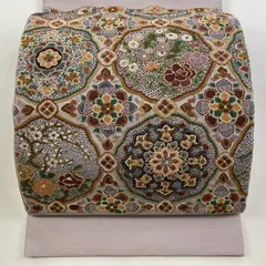 ◇【最終値下げ】403mn95◇夏帯 総刺繍 相良刺繍 金糸 丸文 名古屋帯◇ 相良刺繍 牡丹 華紋 名古屋帯 金糸 生成り色 白 217 | kimono Re