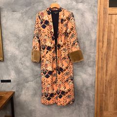 ZARA/ザラ　TRF ファーカフス　ちりめん織りキモノ柄コート
