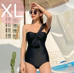 レディース水着<!-利用不可文字-!>ワンショルダー<!-利用不可文字-!>ワンピース 体型カバー<!-利用不可文字-!>黒 定番 XLサイズ ブラック エクササイズ スポーツ