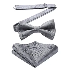 [HISDERN] シルバー 蝶ネクタイ ライトグレー 大人 結婚式 フォーマル ワンタッチ 蝶ネクタイ チーフ セット ペイズリー柄 ネクタイ クリップ ボウタイ 結婚式 簡単着脱 調節可能 bowtie…