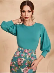 セットアップ 花柄 ミモレ丈 エメラルド バルーン袖 緑 デート 大人可愛い