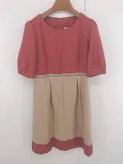 ◇ SOUP スープ バイカラー 五分袖 ミニ タック フレア ワンピース サイズ 9 レッド ベージュ レディース E  【1306210010334】