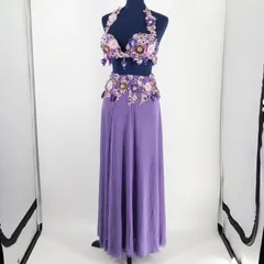 【ベリーダンス用 オリエンタル衣装】パープル ラインストーン ビーズ 豪華 紫 花柄 ストレッチ素材 スリット入り 鮮やか ゴージャス 煌びやか 綺麗
