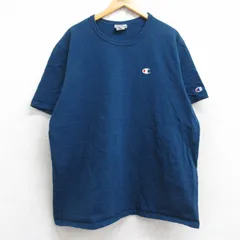 XL/古着 チャンピオン champion 半袖 ブランド Tシャツ メンズ ワンポイントロゴ 大きいサイズ コットン クルーネック 紺 ネイビー 25aug26