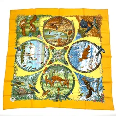 極美品 HERMES エルメス カレ 90 LES QUATRE SAISONS 四季 ブラウン 動物 花 スカーフ シルク イエロー