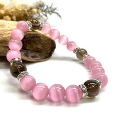 キャッツアイ(ピンク)×スモーキークォーツ パワーストーン ブレスレット  (シルバー) メンズ・レディース　男性・女性　数珠ブレス 開運 [23]