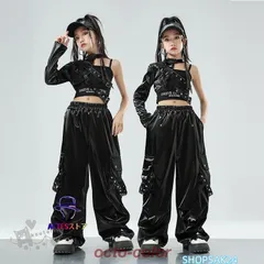 ダンス衣装 k-pop衣装 ヒップホップ ブラックインナー　 黒レザーワンショルダー カーゴパンツ へそ出し キッズ ガールズ 女の子セットアップ 派手 K-POP 韓国673