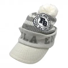 【超美品】フィラゴルフ つば付きニット帽 白×グレー ボーダー ロゴ 裏起毛 ポンポン付  ゴルフウェア FILA GOLF