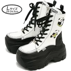 ☆新品未使用☆Lサイズ 24cm-24.5cm ヨースケ YOSUKE 厚底スニーカー ハイカット ブラックホワイト レディース 厚底ブーツ レースアップブーツ パンダ ワッペン　MY0368
