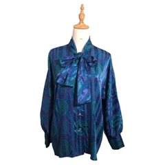 YVES SAINT LAURENT(イヴサンローラン) 90's scarf patterned bowtie shirt blouse スカーフ柄 ボウタイ シャツ ブラウス HT085-536 S ブルー×パープル ヴィンテージ