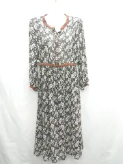 ◇ ⊇ natural couture 花柄 ウエストゴム 長袖 ロング丈 ワンピース サイズF ブラック ホワイト ブラウン レディース E  【1412260009041】