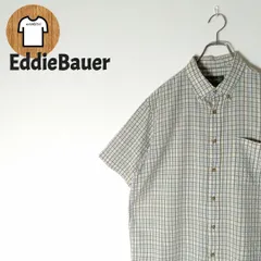 EddieBauer 半袖 シャツ ショートスリーブ Lサイズ グリーン系 A818 チェック柄 リップル加工  コットン100% 通気性 1ポケット 胸ポケット 薄手 古着 メンズ エディーバウアー  外出 お出かけ 普段着 部屋着 アウトドア