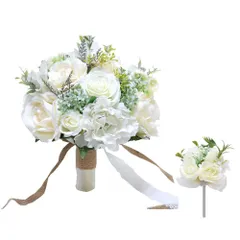 新品 ウエディングブーケ 花嫁ブーケ バラ ブライダルブーケ ラウンドブーケ 花束 造花 欧米風 挙式 結婚式 パーティー ニ次会 撮影 全6色 (ホワイト+ブートニア)