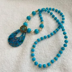 ターコイズガラス水滴（ブルー）ネックレスドロップペンダントエスニック126
