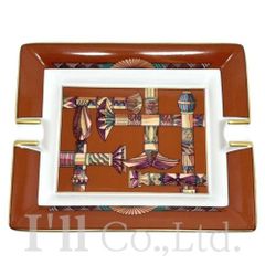 HERMES　エルメス　アッシュトレイ　陶器　ホワイト　ゴールド　ブラウン　ブランド食器　インテリア小物　 灰皿　スクエア　トレー　支柱柄　エスニック　ヴィンテージ【中古】【74938】