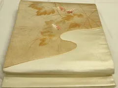 平和屋着物◎太鼓柄袋帯　駒刺繍　枝葉文　金銀糸　正絹　逸品　DAAO9911rt