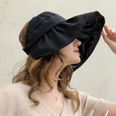 【春夏新作】レディース 紫外線対策 UVカット つば広 折り畳み 日よけ帽子 色：黒- 小顔効果抜群♪ オシャレ ビーチ ストローハット
