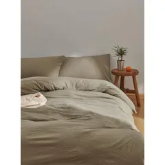 クモリ(Kumori) 寝具カバーセット 布団カバーセット 洗いざらし シワ加工 水洗い やわらか （掛け布団カバー ボックスシーツ 枕カバー）吸水速乾 丸洗いOK 肌に優しい 洗える 無地 シンプル オールシーズン(ダブル・4点セット グリーン)