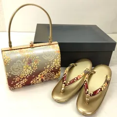 【良好な状態】草履 バッグ セット ／ Zori Sandals & Handbag Set 金×桜薔薇ぼかし [Mサイズ] 振袖・卒業式に◎ 和装小物