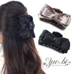 ヘアクリップ/大きめ エレガント シフォン ダブルリボン バンスクリップk226☆モカ/黒 ワニクリップ ヘアアクセ 髪飾り ハーフアップ セレモニー 入学式 結婚式 リボン