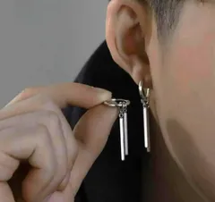両耳シルバー フープイヤリング　フェイクピアス　スティック韓国イヤリング　メンズ