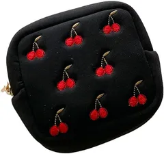 amour clarte 化粧 ポーチ 小さめ スクエア型 ミニポーチ コンパクト コスメ 小物 トラベル 軽量 さくらんぼ(ブラック)