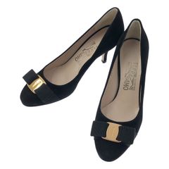 【美品】  Salvatore Ferragamo / サルヴァトーレフェラガモ | リボン スエード ヒールパンプス | 5 D | ブラック / ゴールド | レディース