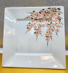 有田焼　色絵桜正角額淵8寸皿　黒田一楽作