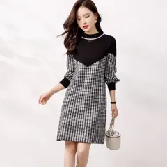 ワンピース レディース 膝上 長袖 ラウンドネック フレア Aライン フェミニン ハイウエスト 切り替えデザイン ドッキング ニット かわいい 大人可愛い きれいめ 上品 おしゃれ ガーリー エレガント モダン 抜け感 ラブリー キュート 都会的 ラグジュアリ