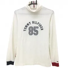 トミーヒルフィガー 長袖タートルネックシャツ アイボリー×ネイビー 胸プリント 微起毛 レディース L ゴルフウェア Tommy Hilfiger Golf