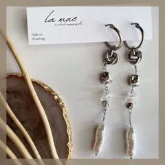 ＊ニュアンスパール メタル ロング フープ モード ハンドメイドピアス イヤリング クリア 天然石 ブライダル アレルギー対応