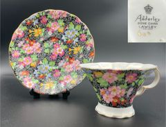 【希少】アダレイ 黒地 チンツ柄 百花繚乱 1900年 英国カップ＆ソーサーM001