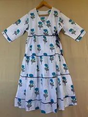 o36 ブロックプリント カシュクールワンピース アンガルカ 巻き ロングスカート マキシ丈 花柄 ブルーグレー 総柄 ボタニカル LL エスニック オリエンタル  マライカ sarucheお好きな方にも